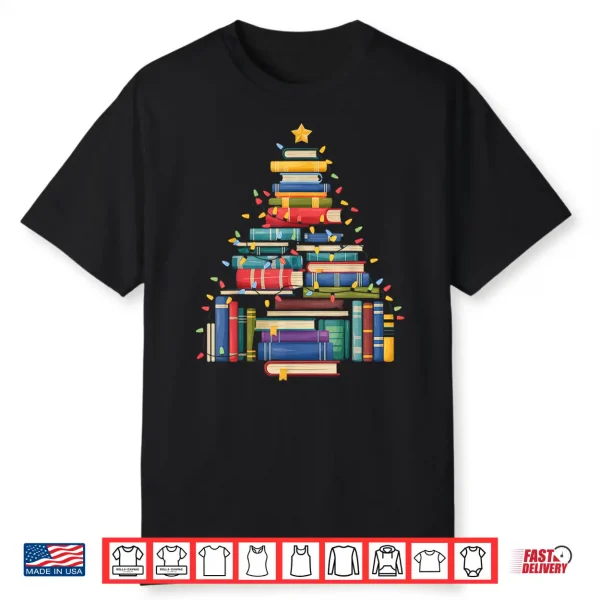 Funny Christmas Tree Made Of Books Librarian Reader Holiday Shirt