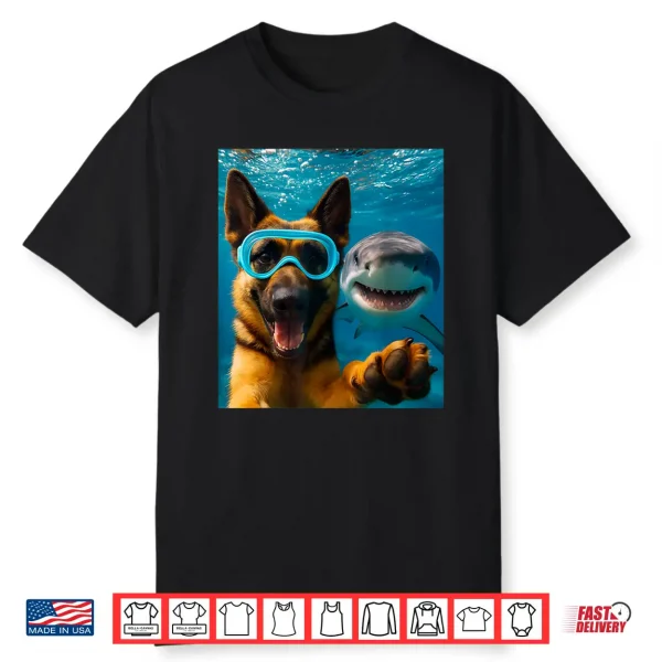 Funny German Shepherd Dog Selfie With Shark Ocean Lovers Shirt