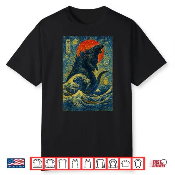 Funny Kaiju Starry Night Japanese Art Anime Van Gogh Graphic Shirt