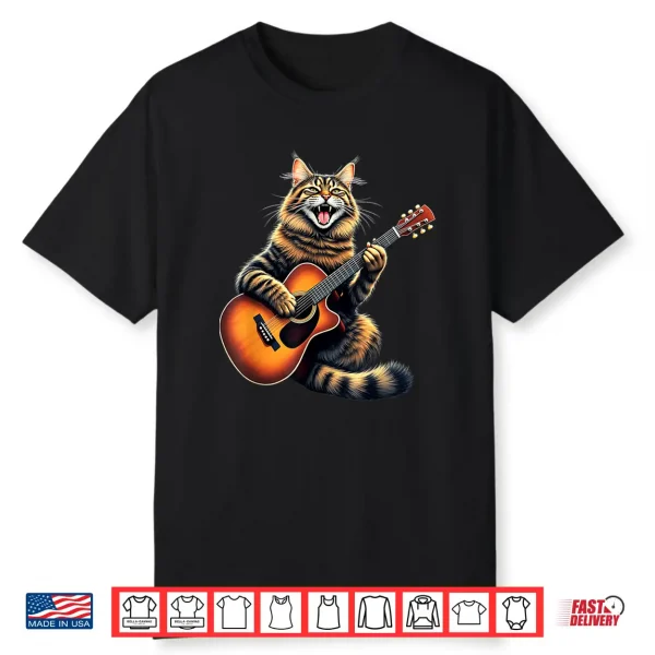 Funny Maine Coon Cat Playing Guitar Design For Music Lovers Shirt