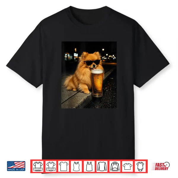 Funny Pomeranian Drinking Beer Vintage Dog Lover Meme Humor Shirt