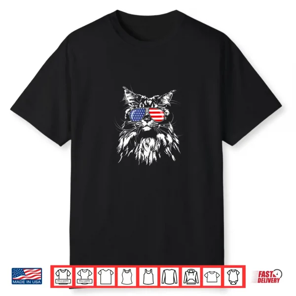 Funny Proud Maine Coon American Flag Sunglasses Gift Big Cat Shirt