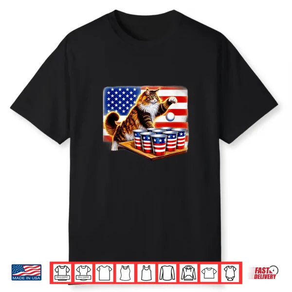 Funny Usa Flag 4Th Of July Maine Coon Cat Beer Pong Champion Shirt
