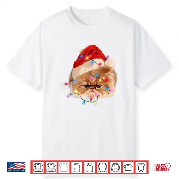 Funny Xmas Persian Cat Christmas Lights Adorable Face Fluffy Shirt