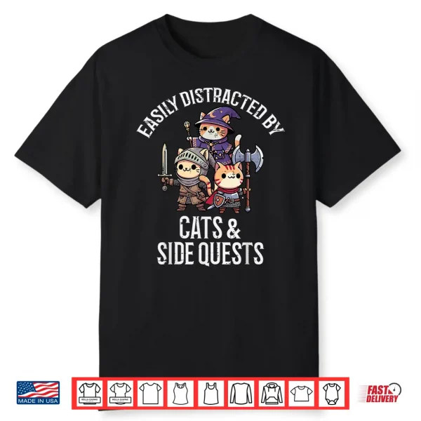 Gamer Easily Distracted By Cats Side Quests Men Boys Kids Shirt