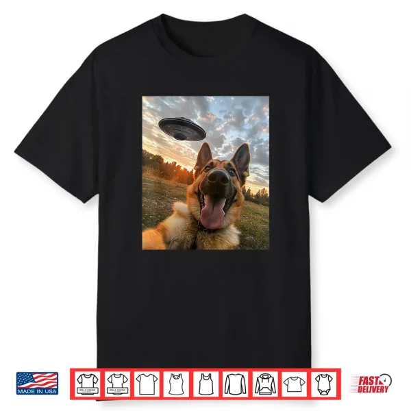 German Shepherd Dog Selfie With Ufos Aliens Graphic Shirt