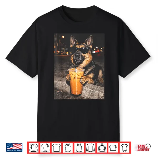 German Shepherd Drinking Iced Coffee Funny Dog Shirt