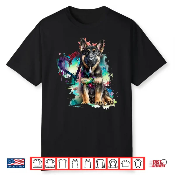 German Shepherd Puppy Mom Lover Watercolor Painting Heart Shirt