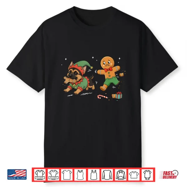Gingerbread Chasing German Shepherd Dog Christmas Pet Lover Shirt