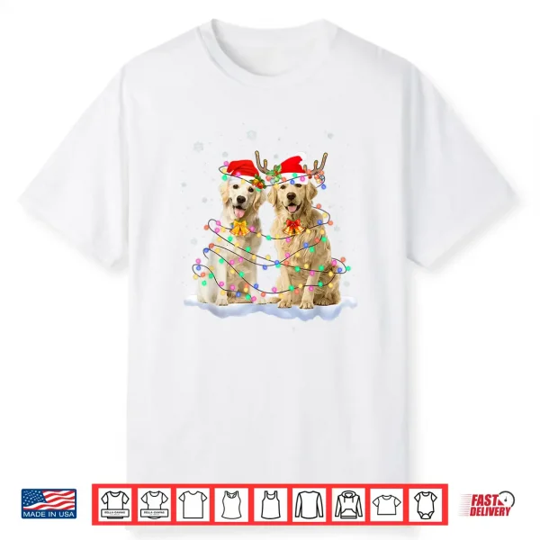 Golden Retriever Christmas Santa Hat Reindeer Lights Pajama Shirt