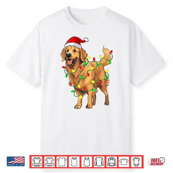 Golden Retriever Christmas Santa Hat Tree Lights Pajama Dog Shirt