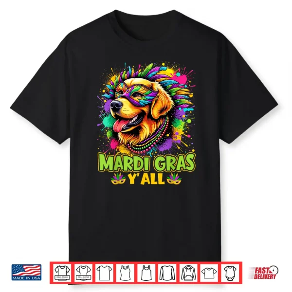 Golden Retriever Dog Mardi Gras Yall Beads Mask Colorful Shirt