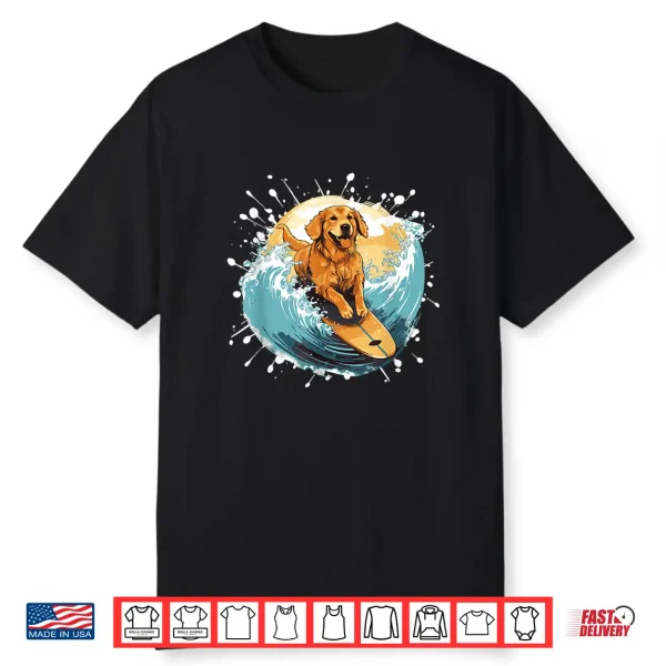 Golden Retriever Dog On Surfboard   Surfing Shirt