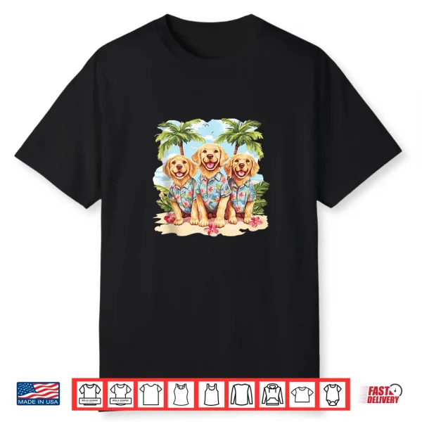 Golden Retriever Dogs In Cute Hawaiian Tops Palm Trees Beach Shirt