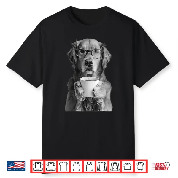 Golden Retriever Drinking Coffee With Glasses Funny Dog Meme Shirt