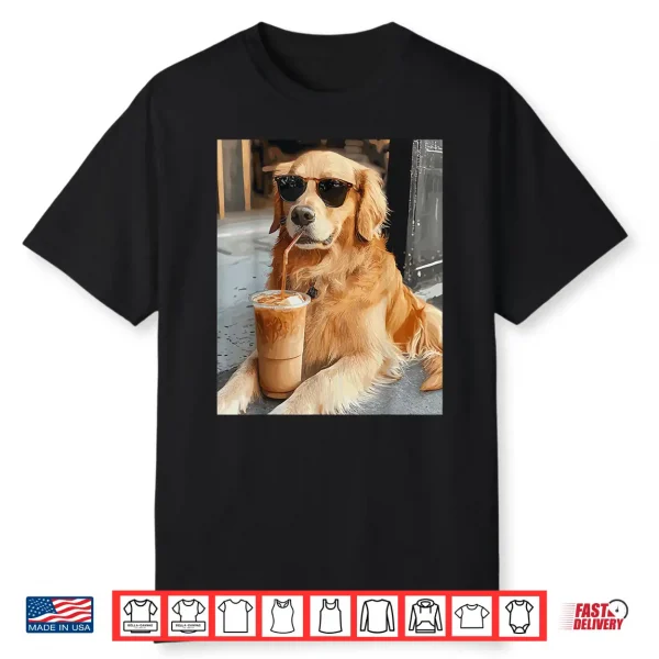 Golden Retriever Drinking Iced Coffee Professional Minimalist Graphic Shirt