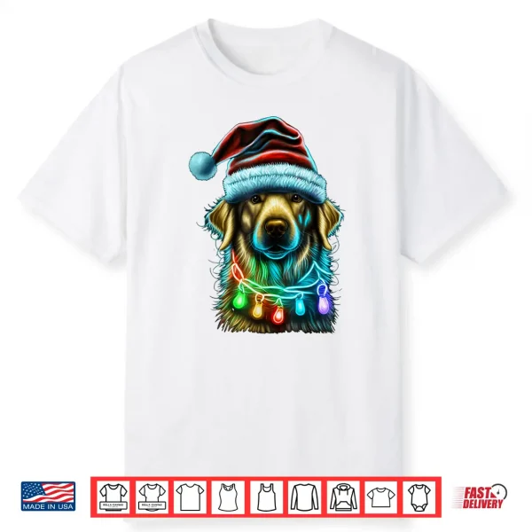 Golden Retriever Funny Dog Christmas Santa Hat Lights Tree Shirt