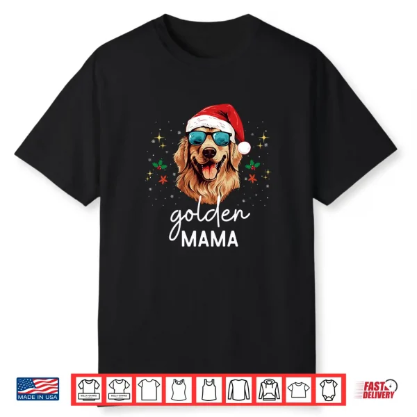 Golden Retriever Mama Wearing Santa Hat & Christmas Sunglass Shirt