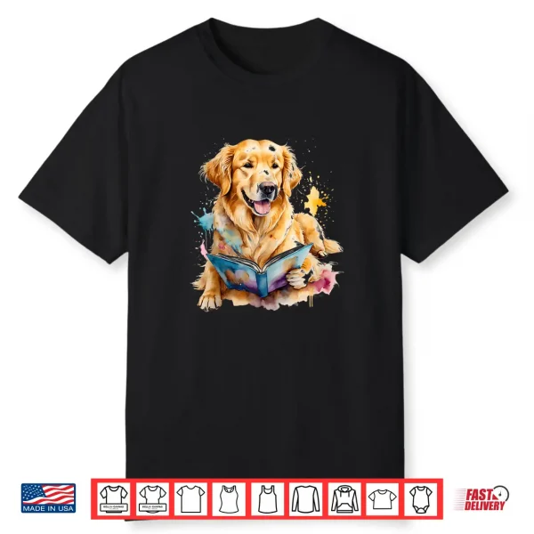 Golden Retriever Reading Dog Animal Art Print Graphic Shirt