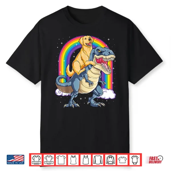 Golden Retriever Riding Dinosaur T Rex Gifts Boys Rainbow Shirt