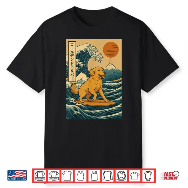 Golden Retriever Surfing Japanese Wave Great Wave Shirt