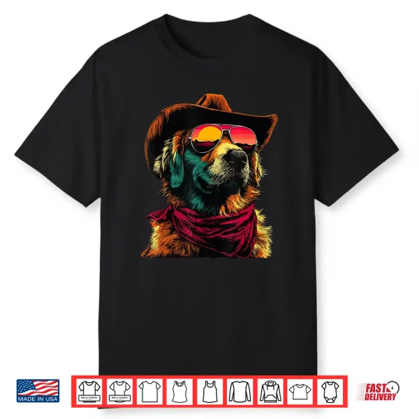 Golden Retriever With Sunglasses Cowboy Dog Sunset Western Shirt