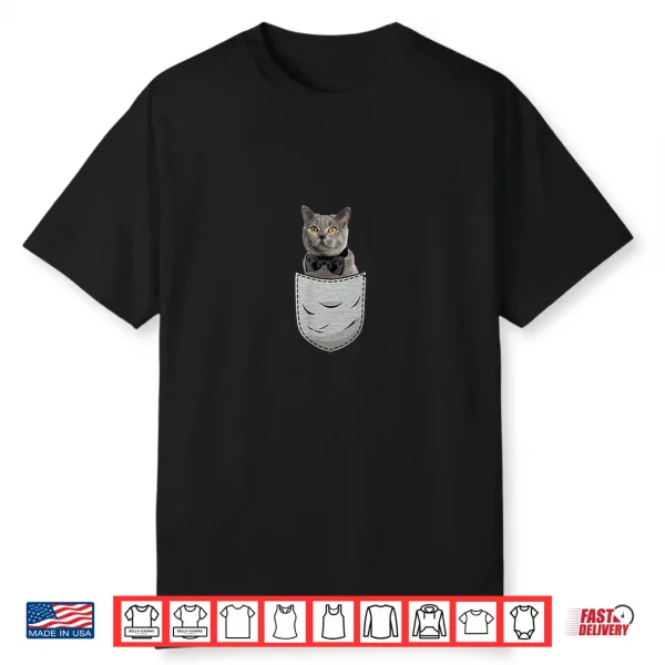 Gray British Shorthair Cat Sitting In Breast Pocket Shirt