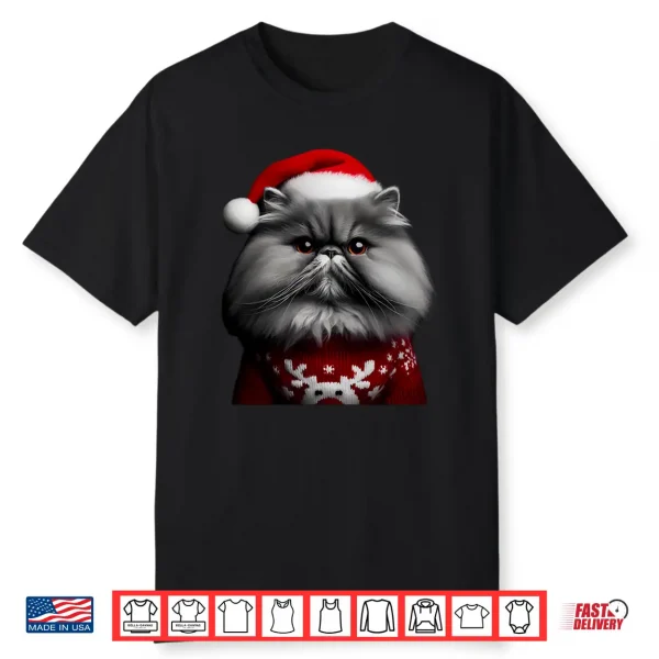 Gray Persian Cat With Santa Hat Christmas Xmas Owner Lover Shirt
