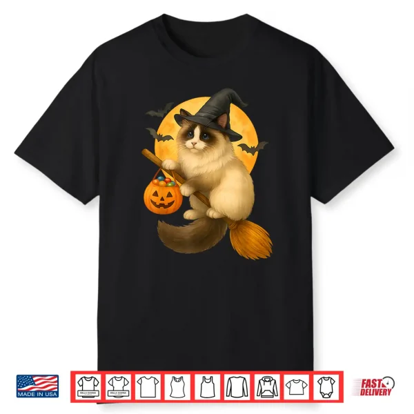Halloween Ragdoll Cat Witch Flying On Broom With Candy Shirt