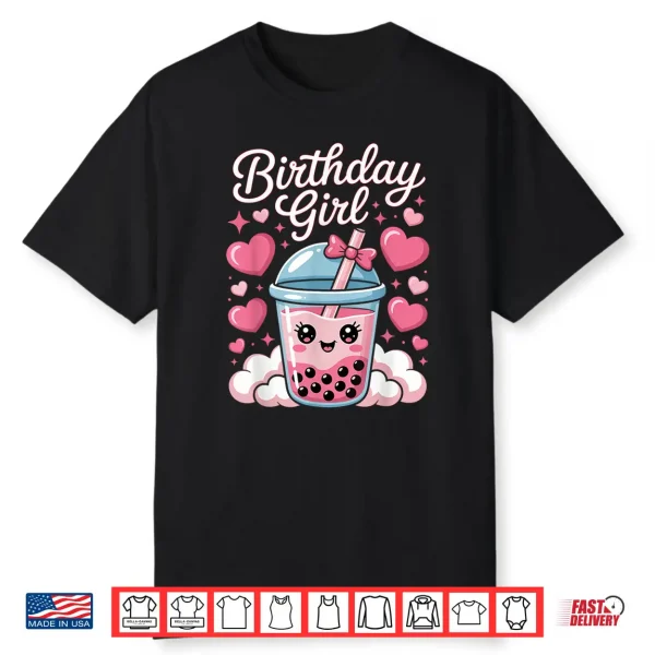 Happy Birthday Girl Cute Pink Bow Bubble Boba Tea Anime Shirt