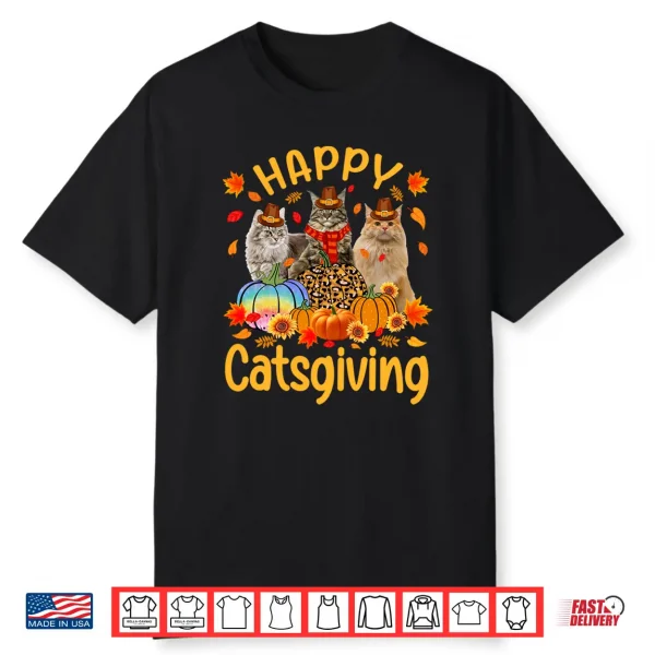 Happy Catsgiving Maine Coon Cats Autumn Vibes Thanksgiving Shirt
