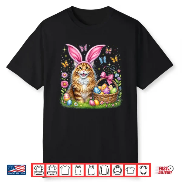 Happy Easter Cute Bunny Maine Coon Cat Easter Eggs Basket Shirt
