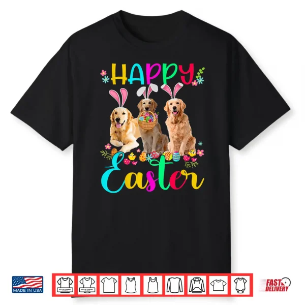 Happy Easter Three Golden Retriever Wearing Bunny Ear Gifts Shirt