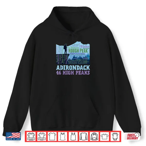 Hoodie Adirondack 46 High Peaks 46er Mountain List Word Cloud Shirt
