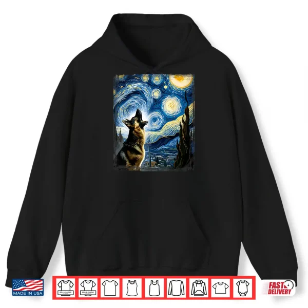 Hoodie Alsatian Dog Artistic Van Gogh Starry Night German Shepherd Shirt