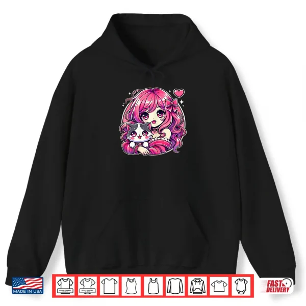 Hoodie Anime Girl and Cat Kawaii Manga Girl Shirt