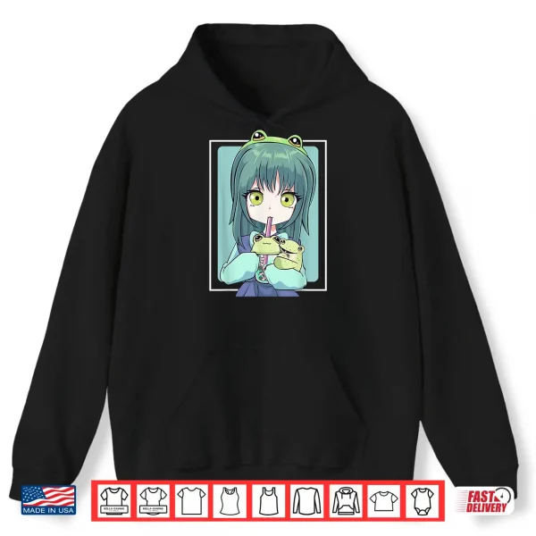 Hoodie Anime Girl for Frog Lovers and Kawaii Boba Tea Frog Teens Shirt
