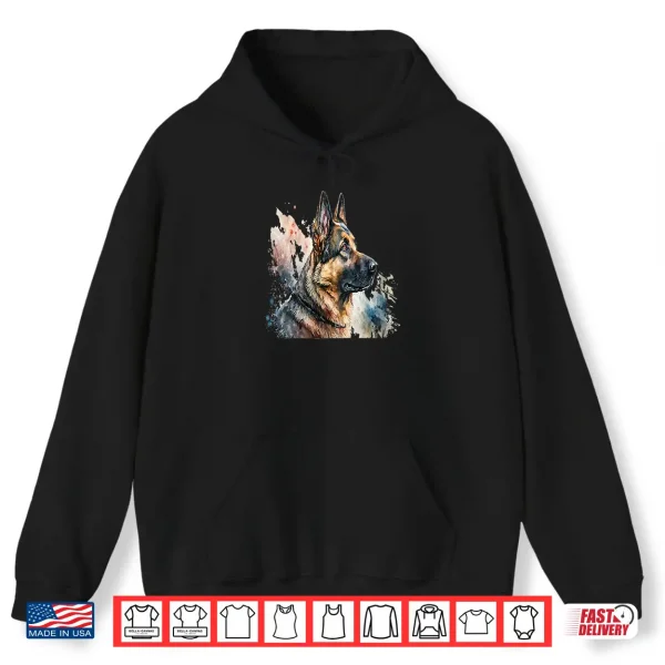 Hoodie Beautiful Watercolor German Shepherd Portrait Professional Graphic Shirt