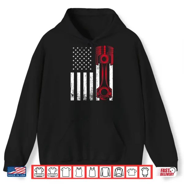 Hoodie Car Enthusiast American Flag Piston Muscle Car Gift Shirt