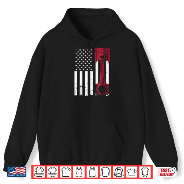 Hoodie Car Enthusiast American Flag Piston Muscle Car Shirt