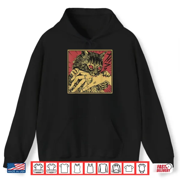Hoodie Cat Bite Horror Anime Creepy Crazy Cat Japanese Shirt