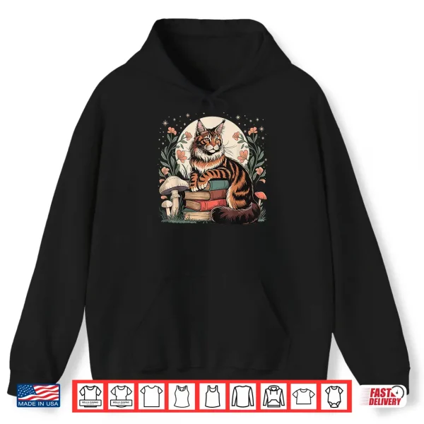 Hoodie Cottagecore Maine Coon Cat Books Reader Whimsical Art Shirt