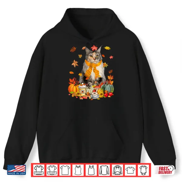 Hoodie Cup Of Coffe Maine Coon Cat Pumpkins Fall Vibes Thanksgiving Shirt