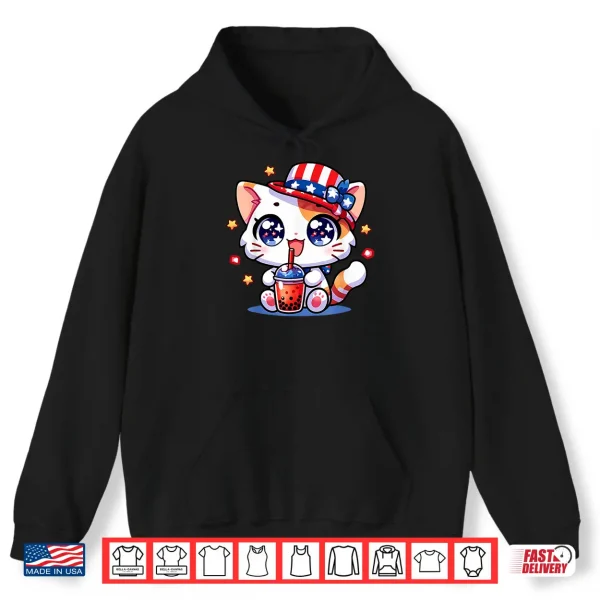 Hoodie Cute 4th of July Cat Shirt Girls Kids Kawaii Anime Boba Tea Shirt
