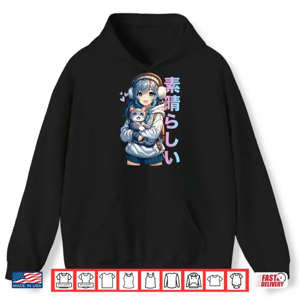 Hoodie Cute Anime Girl with a Cat for Cat Lover Kawaii Otaku Manga Shirt