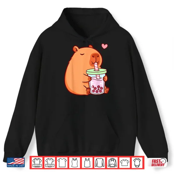 Hoodie Cute Capybara Kawaii Anime Girls Drinking Boba Tea Lover Shirt