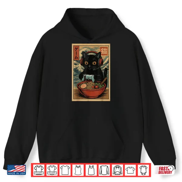 Hoodie Cute Kawaii Gamer Cat Funny Ramen Retro Japanese Cat Gaming Shirt