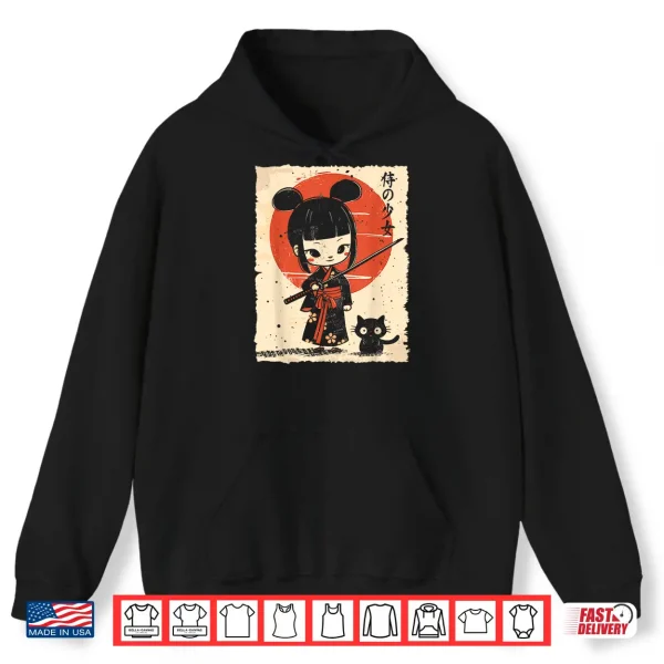 Cute Kawaii Samurai Girl With Katana & Cat Japanese Anime Shirt 1 Hoodie Cute Kawaii Samurai Girl with Katana Cat Japanese Anime Shirt