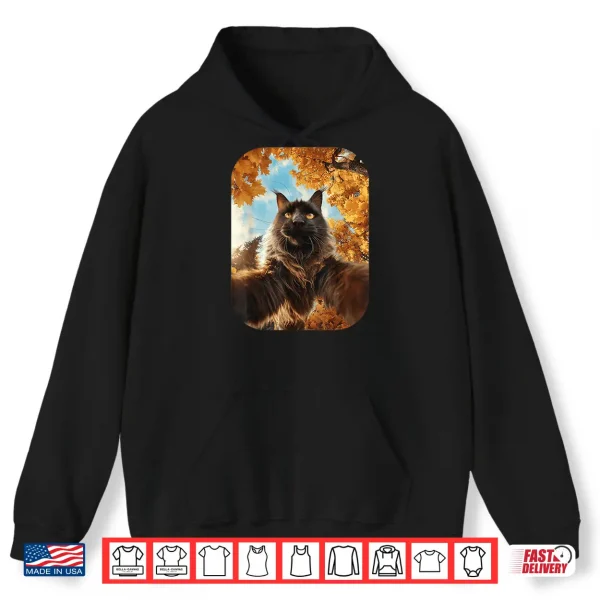 Hoodie Cute Maine Coon Cat Selfie Fall Leaves Forest Autumn Animal Shirt