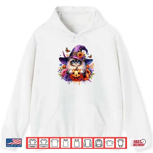 Hoodie Cute Ragdoll Cat Halloween Witch hat Scary Pumpkin Flowers Shirt
